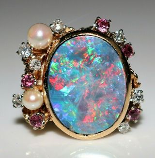 Fabulous Vintage 14k Gold Black Opal Rubies,  Diamonds & Pearls Ring,  Size 6.  5 3