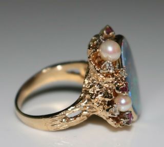 Fabulous Vintage 14k Gold Black Opal Rubies,  Diamonds & Pearls Ring,  Size 6.  5 5