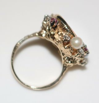 Fabulous Vintage 14k Gold Black Opal Rubies,  Diamonds & Pearls Ring,  Size 6.  5 6
