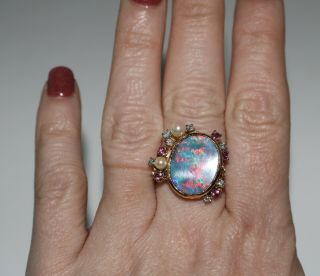 Fabulous Vintage 14k Gold Black Opal Rubies,  Diamonds & Pearls Ring,  Size 6.  5 9