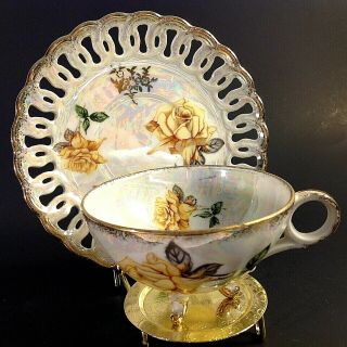Vintage 3 Footed Cup And Saucer.  Mother Of Pearl Lattice Saucer.  Brushed Gold