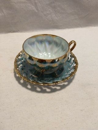 Royal Sealy China Lusterware Tea Cup And Saucer Blue 3 Footed Iridesent