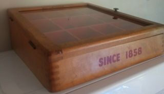 Vintage Wood Countertop Display Case With Storage Drawer And Plate Glass Door.