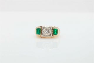 Antique 1940s Retro $4000 2ct Colombian Emerald Diamond 14k Gold Mens Ring Band