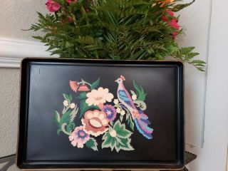Vintage Hand Painted Tole Toleware Tray Bird Floral Folk Art Metal