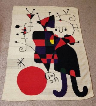 Vintage Mid Century Modern Joan Miro Upside Down Figures Wool Abstract Tapestry