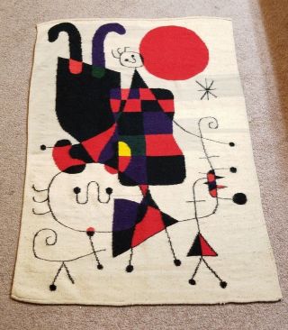 Vintage Mid Century Modern Joan Miro Upside Down Figures Wool Abstract Tapestry 2