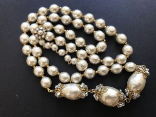 Sign Miriam Haskell Large Baroque Pearls Rhinestone Necklace Jewelry 46” Long