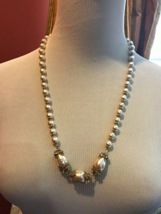 Sign Miriam Haskell Large Baroque Pearls Rhinestone Necklace Jewelry 46” Long 2