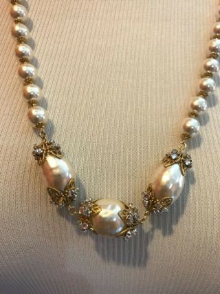 Sign Miriam Haskell Large Baroque Pearls Rhinestone Necklace Jewelry 46” Long 3