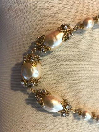 Sign Miriam Haskell Large Baroque Pearls Rhinestone Necklace Jewelry 46” Long 4