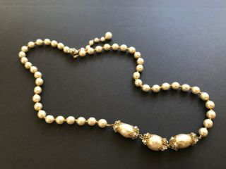 Sign Miriam Haskell Large Baroque Pearls Rhinestone Necklace Jewelry 46” Long 8