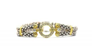 Lagos Caviar Enso Circle Diamond Bracelet 18k Gold Sterling Silver Signed Sz 6