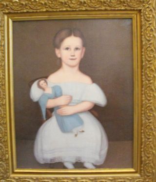 Antique Vintage 19th Century American Folk Art Portrait Painting,  Girl & Doll 10