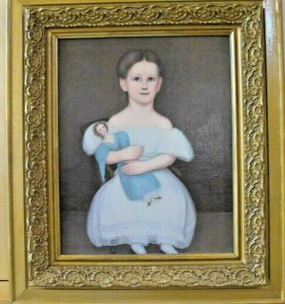 Antique Vintage 19th Century American Folk Art Portrait Painting,  Girl & Doll