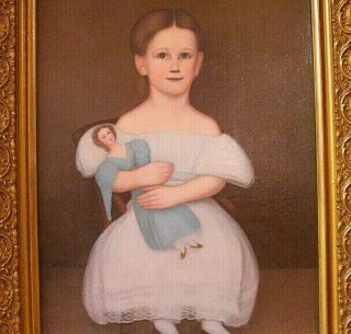 Antique Vintage 19th Century American Folk Art Portrait Painting,  Girl & Doll 2