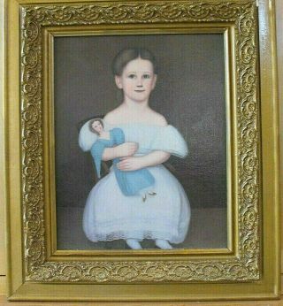 Antique Vintage 19th Century American Folk Art Portrait Painting,  Girl & Doll 4