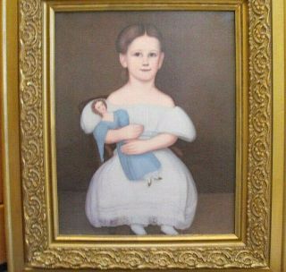 Antique Vintage 19th Century American Folk Art Portrait Painting,  Girl & Doll 6