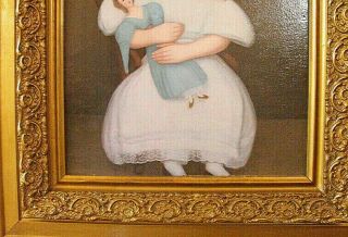 Antique Vintage 19th Century American Folk Art Portrait Painting,  Girl & Doll 7