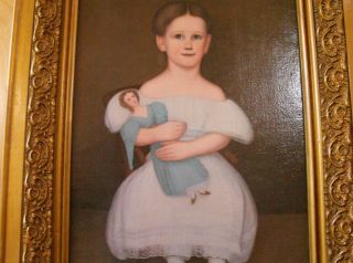 Antique Vintage 19th Century American Folk Art Portrait Painting,  Girl & Doll 9