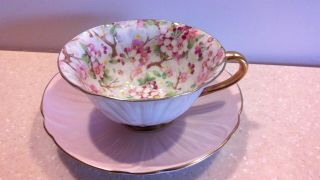 Shelly Bone China,  Maytime Cup And Saucer Pink With Florals.