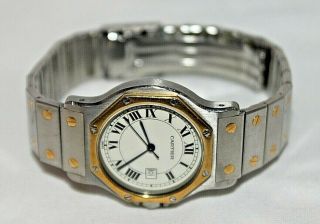 Vintage Santos De Cartier Automatic 18K Gold Steel Watch Blue Sapphire Octagonal 3