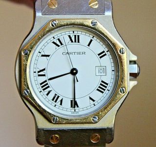 Vintage Santos De Cartier Automatic 18K Gold Steel Watch Blue Sapphire Octagonal 8