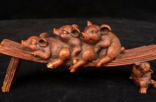 Old Collectable Room Decor Boxwood Carve Three Lovely Pig Play Game Art Statue