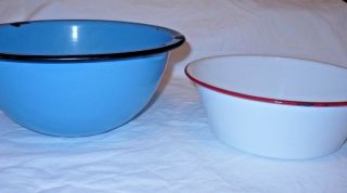 2 Vintage Blue Red White Porcelain Enamel Basin Bowl Wash Tub Bath Sink