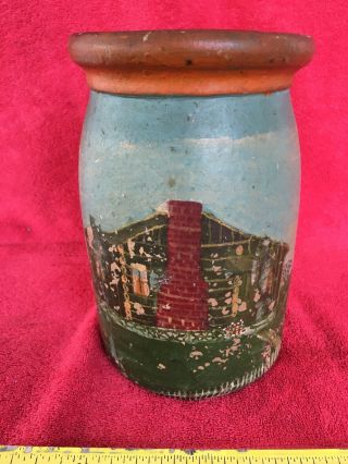 Dated 1932 Southern Home Stoneware Crock Hand Painted Log Cabin Chicken Farm