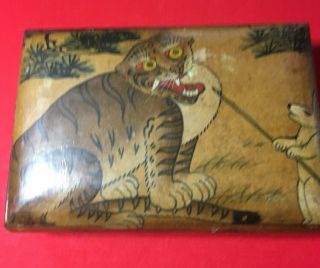 Old Hand - Painted Wooden Box With Lid ; Rabbits Poking Tiger; Folk Art India ?