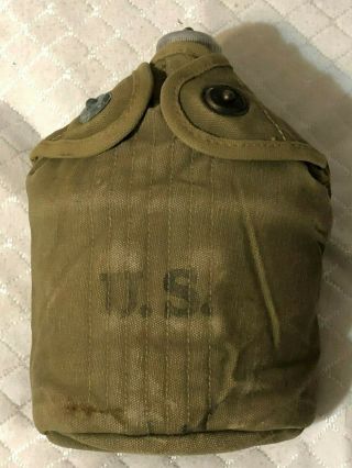 Ww I Vintage 1918 Canteen In Ww Ii Cover With Cup Metal Cap W/ Chain Khaki Cover