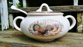 White Soup Tureen w/ Old English Transferware Color Tinted Turkey & Fruit 4