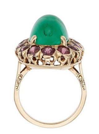 8.  55 Carats Cabochon Emerald,  Pink Sapphires,  14k Gold Ring.  Circa 1945.  Solid.
