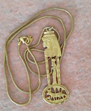 Vintage Egyptian Pendant Necklace Snake Chain Gold Etching Detail Ancient Egypt