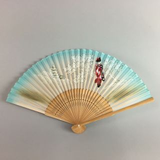 Japanese Folding Fan Vtg Sensu Silk Bamboo Frame Hand - Printed Kyoto Geisha 4d274
