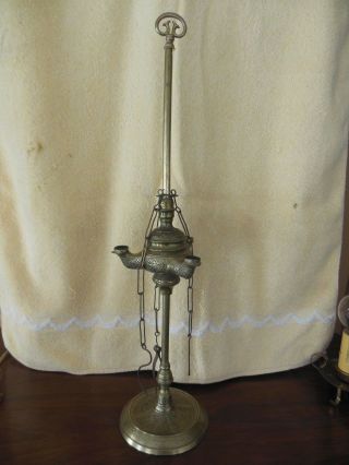 Antique Engraved Brass Whale Oil Lucerne Lamp