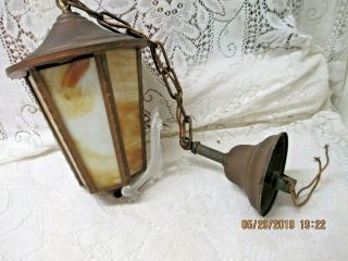 Vintage Caramel Slag Glass Hanging Metal Porch Foyer Lamp