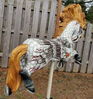 Antique Hand Carved Wood Carousel Horse American Eagle Saddle Huge Flowing Mane 4