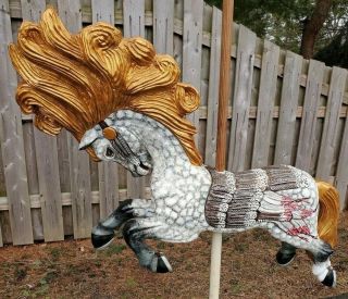 Antique Hand Carved Wood Carousel Horse American Eagle Saddle Huge Flowing Mane 6