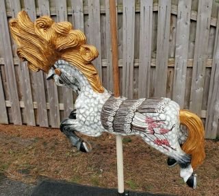 Antique Hand Carved Wood Carousel Horse American Eagle Saddle Huge Flowing Mane 9