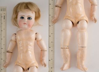 LOVELY ANTIQUE BELTON TYPE BISQUE HEAD DOLL FIXED BLUE SWIRL EYES JOINTED BODY 7