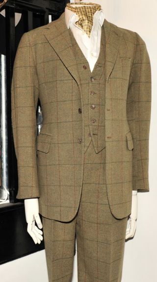 Bespoke Meyer And Mortimer Three Piece Savile Row Green Tweed Suit 38 Long Slim