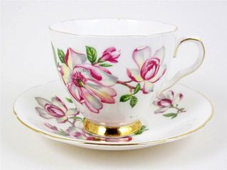 Vintage Bone China Tea Cup & Saucer Pink & White Flowers Gold Trim Old Royal