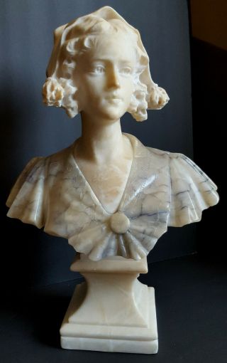 Gorgeous Antique Alabaster & Marble Bust Of A Maiden Art Nouveau Sculpture 15.  5 "