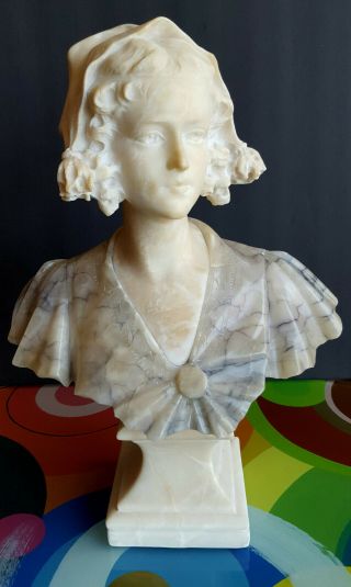 Gorgeous Antique Alabaster & Marble Bust of a Maiden Art Nouveau Sculpture 15.  5 