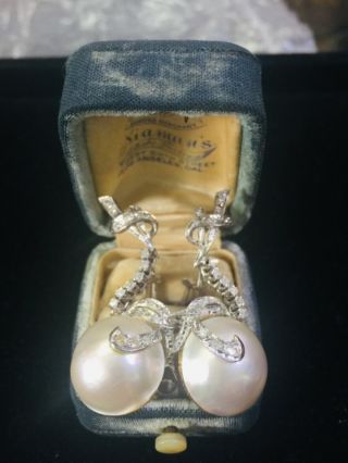 40’s Vintage Deco Antique Palladium Diamond & Pearl Dangle Filigree Earrings