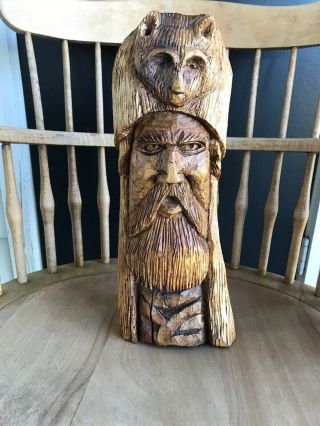 Vintage Folk Art Hand Carved Wooden Frontiersman Head - Unique