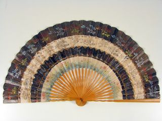 Antique 19 Thc Japanese Handpainted Fan Wooden Sticks