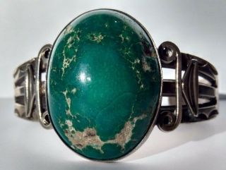 Large Vintage Navajo Indian Silver Stamped Green Turquoise Cab Cuff Bracelet